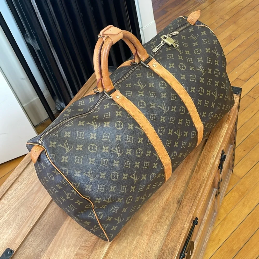 Louis Vuitton Brown Monogram Keepall Duffel with Tan Leather Trim